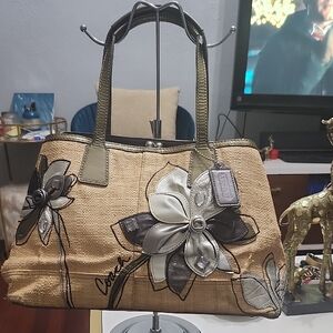 Coach Y2K 10th Anniversary Hampton Kiss Lock, Raffia, Flowers Gems, Leather Trim